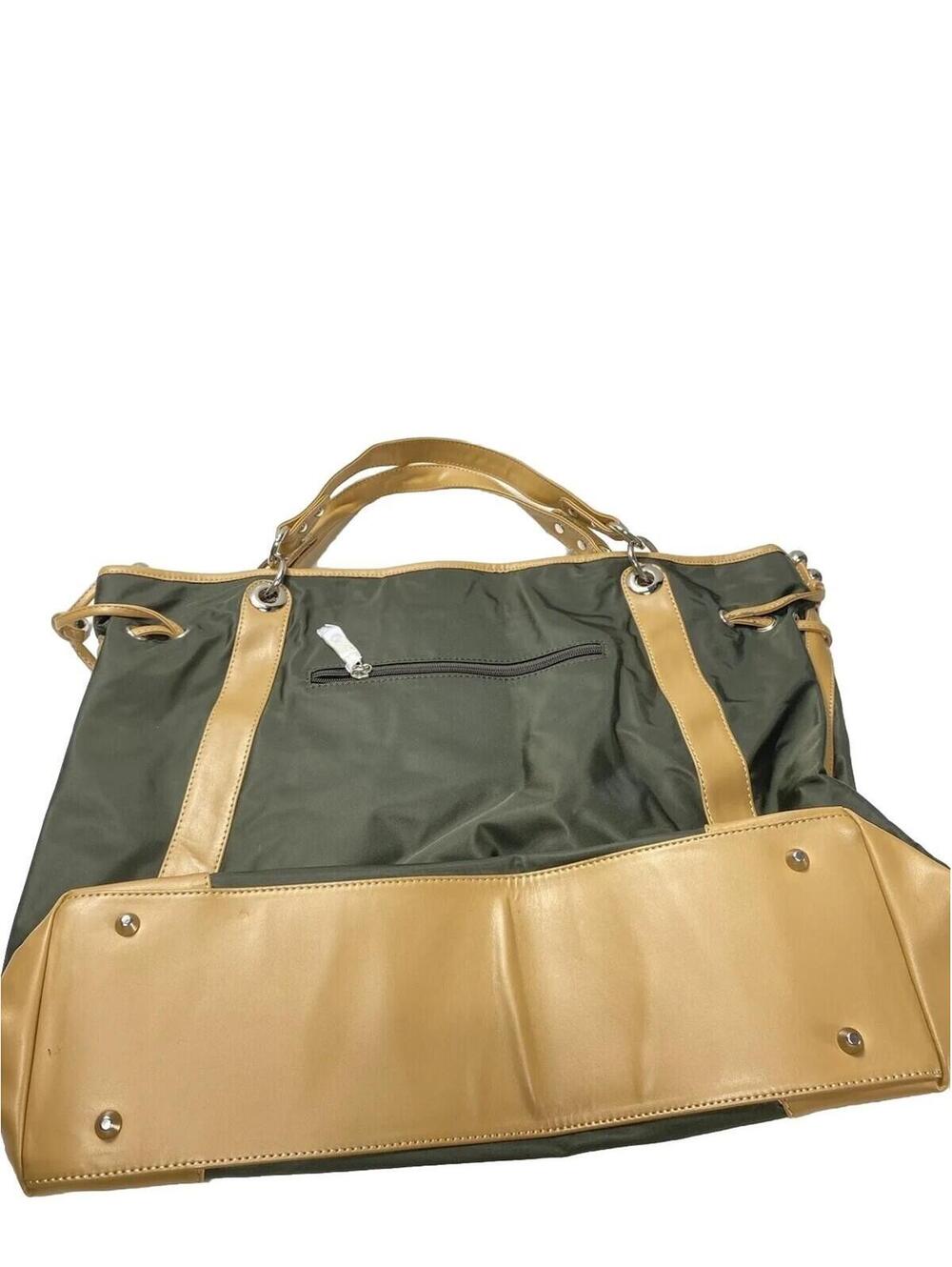 Large Tote Bag Green Tan Carrier As Is Cracking Straps -Flaws Condition Stylish